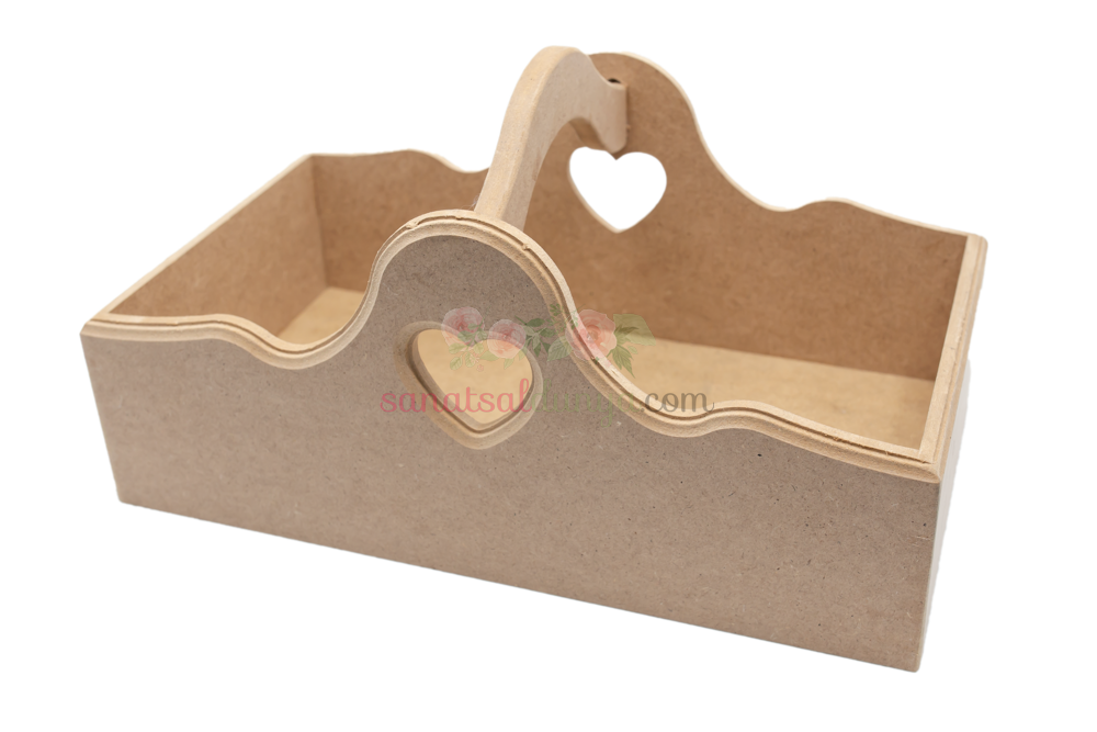 Kalp Motifli Dekoratif Dikdörtgen Ahşap Sepet (MDF) EA36