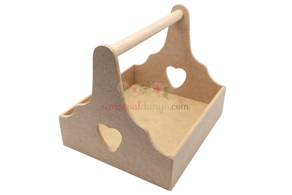 Kalp Motifli Dekoratif Kare Ahşap Sepet (MDF) EA35