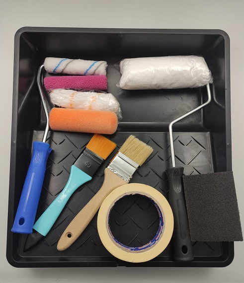 Boyama Set 8 - Büyük Tava 4 No+15cm Mega Kadife Rulo+Polyamid Rulo+Nano Yedek Başlık+Pink Moher Yedek Başlık+Dekor Yedek Başlık+Turkuaz Fırça 1,5 No+Kestirme Fırça 1,5 No+Bant+Zımpara